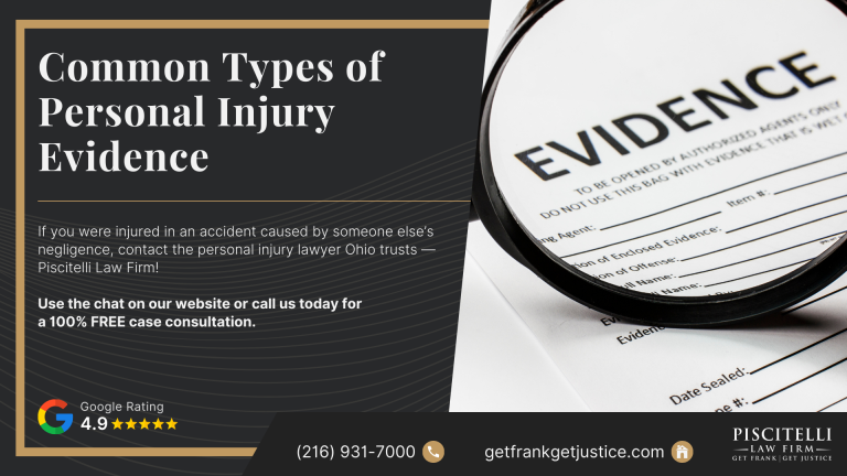 Common Types of Personal Injury Evidence Legal Guide; Common Types of Evidence for Personal Injury Claims; The Importance of Gathering Evidence for a Personal Injury Case; How a Personal Injury Lawyer Can Help You Gather Evidence and Secure Compensation; How Can Personal Injury Victims Help with Evidence in Their Case; How the Piscitelli Law Firm Has Used Compelling Evidence to Get Real Results; Were You Injured Through No Fault of Your Own in Ohio_ Contact Us