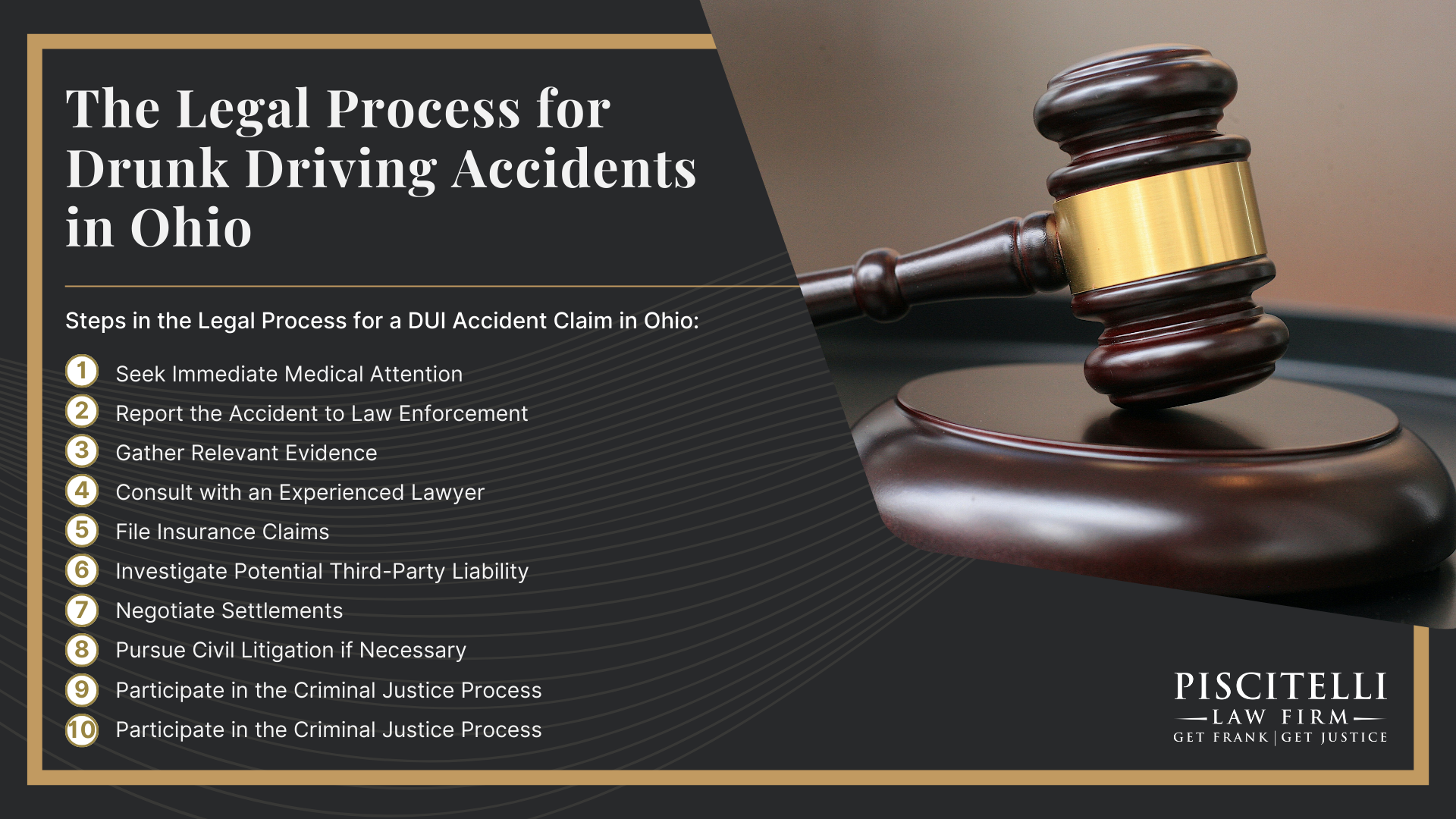 Frank Piscitelli One of Cleveland's Top Drunk Driving Accident Attorneys; What To Do After a Drunk Driving Accident in Cleveland, OH; Meet Our Founder and Experienced Personal Injury Attorney_ Frank Piscitelli; Gathering Evidence for a DUI Accident Claim; Damages in a Personal Injury Lawsuit for a Drunk Driving Accident; The Legal Process for Drunk Driving Accidents in Ohio