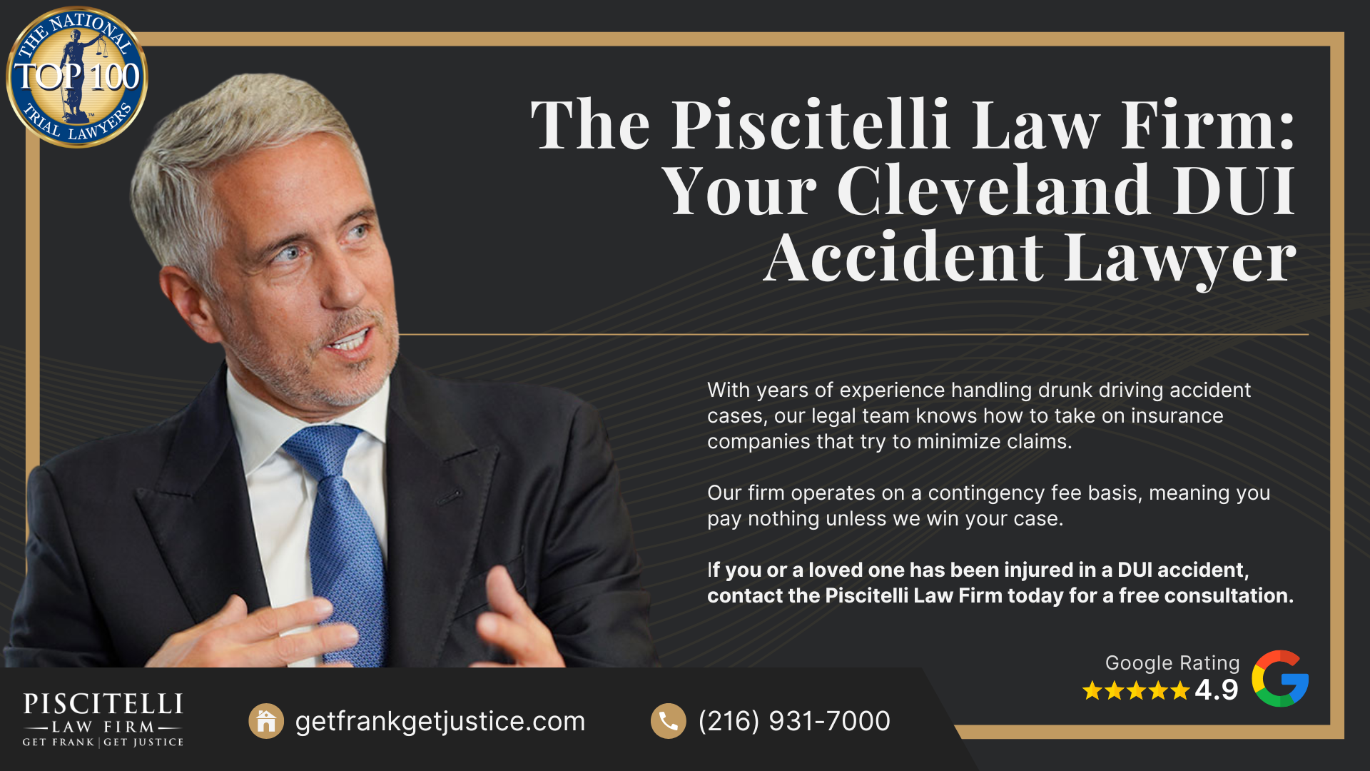 Frank Piscitelli One of Cleveland's Top Drunk Driving Accident Attorneys; What To Do After a Drunk Driving Accident in Cleveland, OH; Meet Our Founder and Experienced Personal Injury Attorney_ Frank Piscitelli; Gathering Evidence for a DUI Accident Claim; Damages in a Personal Injury Lawsuit for a Drunk Driving Accident; The Legal Process for Drunk Driving Accidents in Ohio; Do You Qualify for a Drunk Driving Accident Case; The Piscitelli Law Firm_ Your Cleveland DUI Accident Lawyer