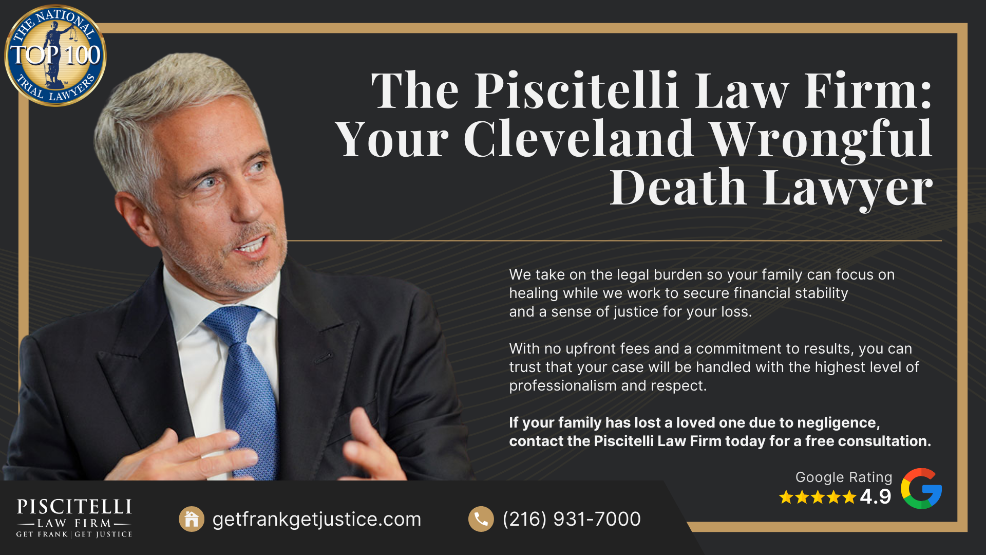 Meet Our Founder and Experienced Wrongful Death Attorney Frank Piscitelli; The Legal Process for a Wrongful Death Lawsuit in Ohio Explained; Who Can File a Wrongful Death Claim in Ohio; Actionable Steps to Take After a Wrongful Death in Ohio; Damages in Wrongful Death Cases; Do You Qualify for a Cleveland Wrongful Death Case; The Piscitelli Law Firm_ Your Cleveland Wrongful Death Lawyer