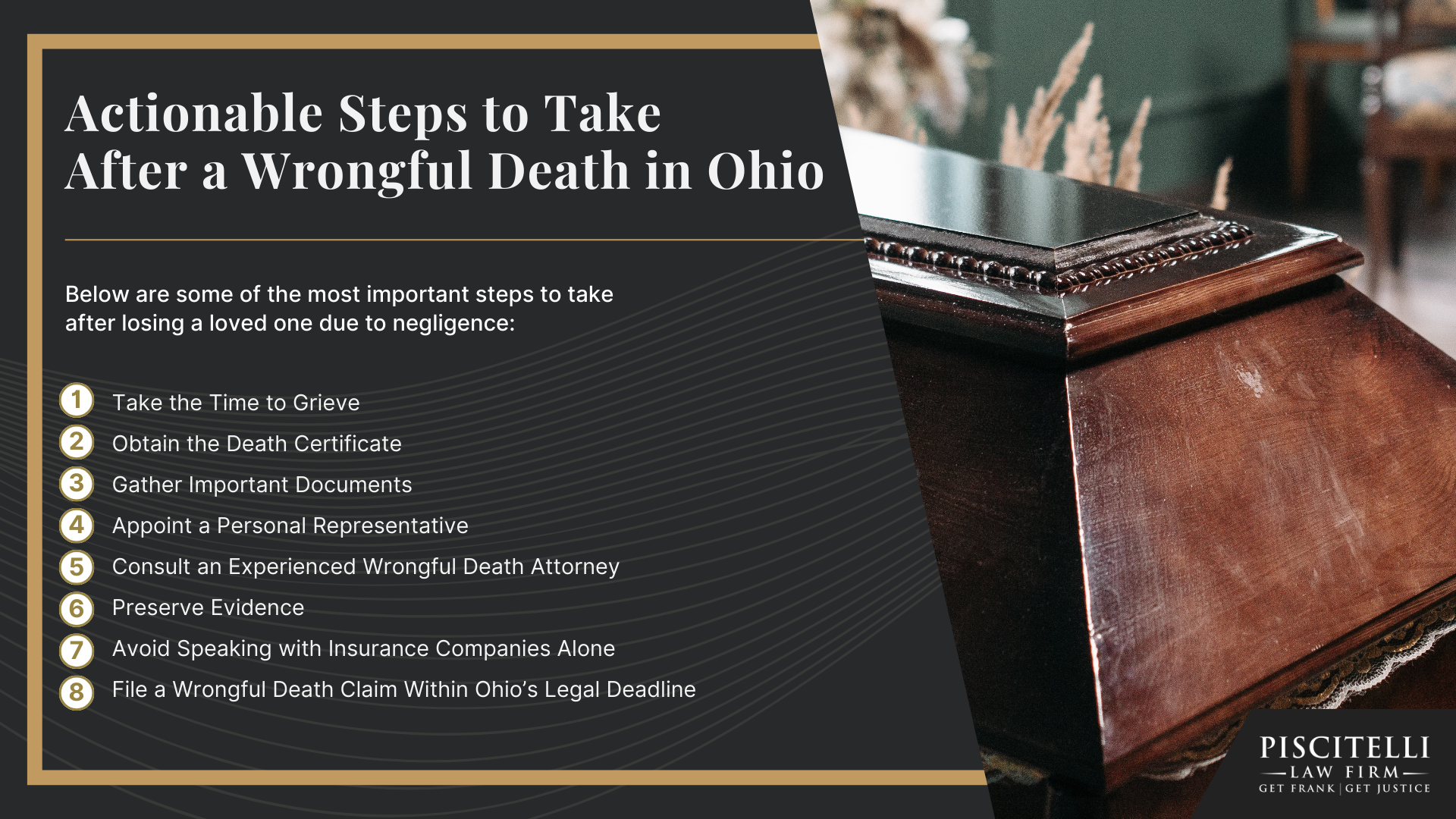 Meet Frank Piscitelli_ One of Cleveland's Top Motorcycle Accident Attorneys; The Legal Process for a Wrongful Death Lawsuit in Ohio Explained; Who Can File a Wrongful Death Claim in Ohio; Actionable Steps to Take After a Wrongful Death in Ohio