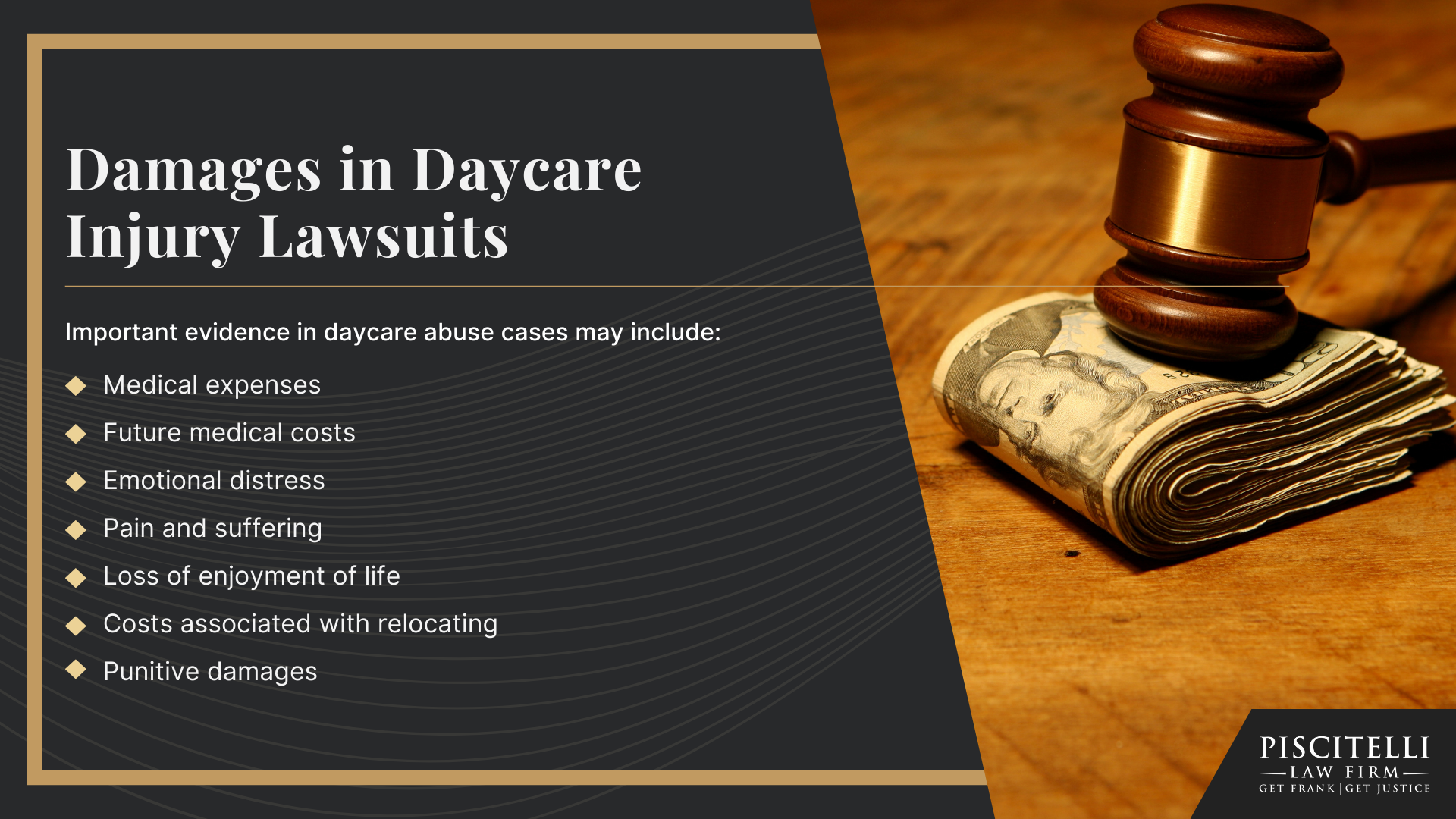 Meet Our Experienced Daycare Injury Attorney_ Frank Piscitelli; Warning Signs of an Abusive Daycare Facility and How to Take Action; How to Report Daycare Abuse or Neglect in Ohio; Types of Abuse and Negligence in Daycare Centers; The Legal Process for Daycare Injury Cases in Ohio; Gathering Evidence for Daycare Abuse Cases;  Damages in Daycare Injury Lawsuits
