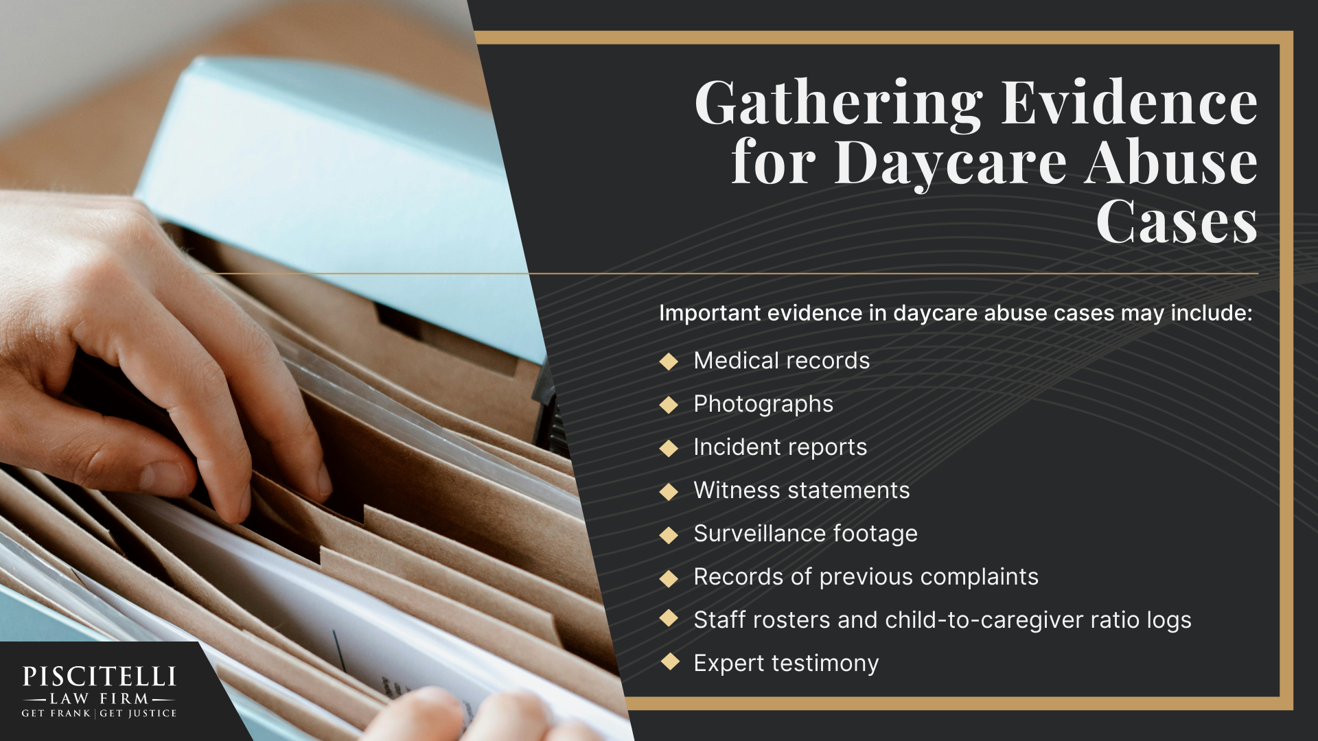 Meet Our Experienced Daycare Injury Attorney_ Frank Piscitelli; Warning Signs of an Abusive Daycare Facility and How to Take Action; How to Report Daycare Abuse or Neglect in Ohio; Types of Abuse and Negligence in Daycare Centers; The Legal Process for Daycare Injury Cases in Ohio; Gathering Evidence for Daycare Abuse Cases