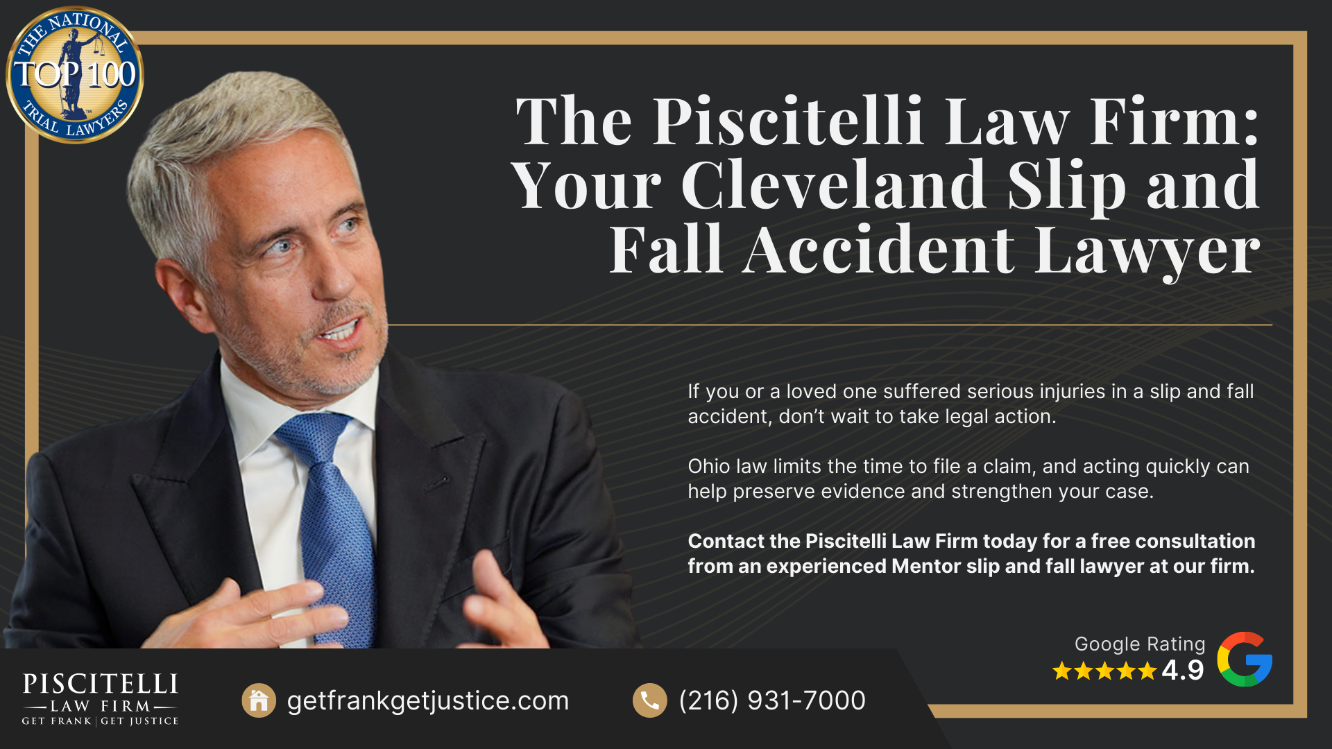 Meet Our Founder and Experienced Slip and Fall Attorney_ Frank Piscitelli; The Legal Process for Slip and Fall Claims in Ohio Explained; Gathering Evidence for a Slip and Fall Claim; Damages in a Slip and Fall Case; How to Prove Negligence in a Slip and Fall Case; Steps to Take After a Slip and Fall Accident in Ohio; Common Slip and Fall Injuries; Do You Qualify for a Slip and Fall Lawsuit; The Piscitelli Law Firm_ Your Cleveland Slip and Fall Accident Lawyer